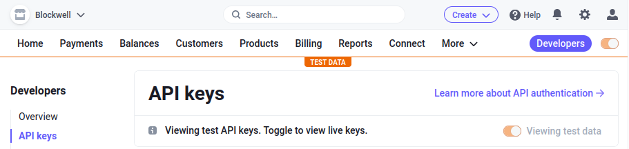API keys page